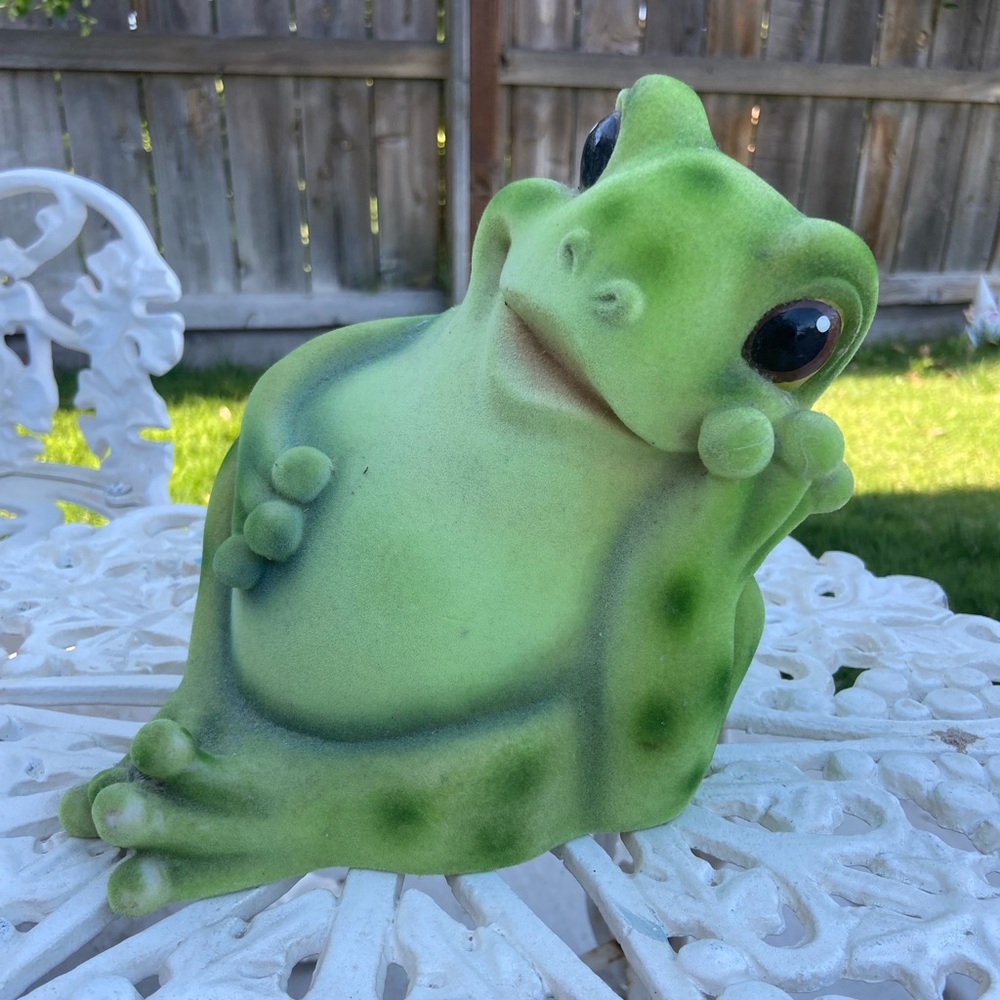 Vintage 1970s Large Flocked Frog Bank